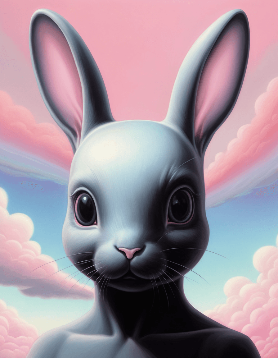 alex gross style, closeup, ghost, black bunny, gloomy, (rainbow in distance), pale pink sky