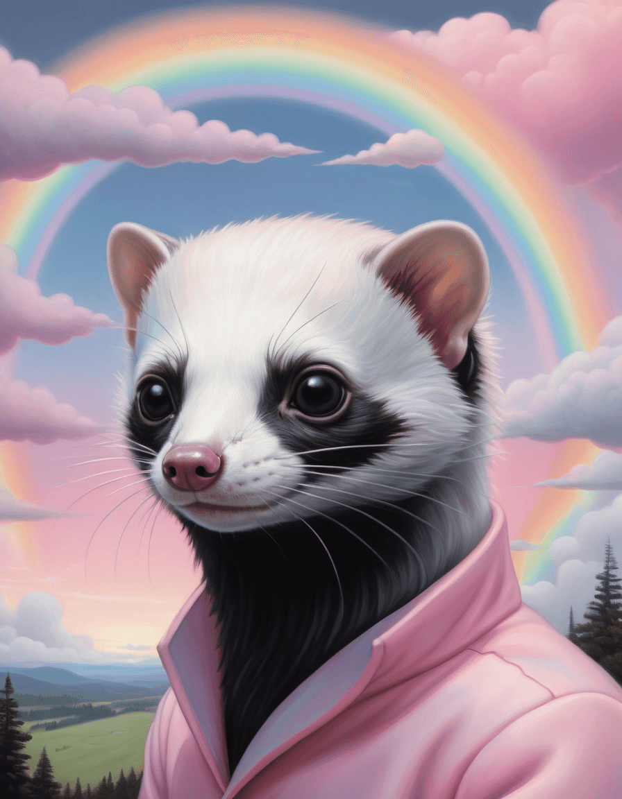 alex gross style, closeup, ghost, black ferret, gloomy, (rainbow in distance), pale pink sky