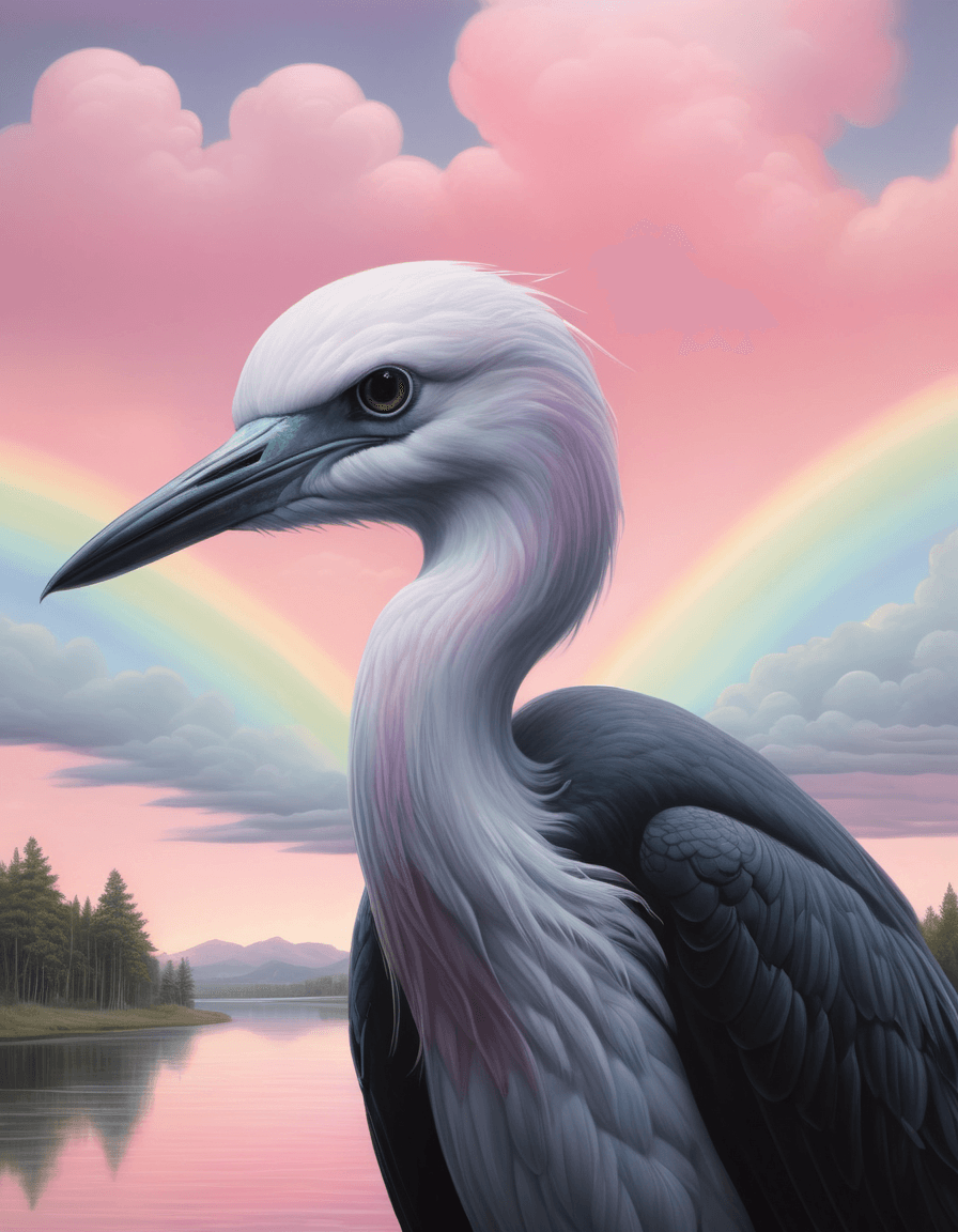 alex gross style, closeup, ghost, black heron, gloomy, (rainbow in distance), pale pink sky